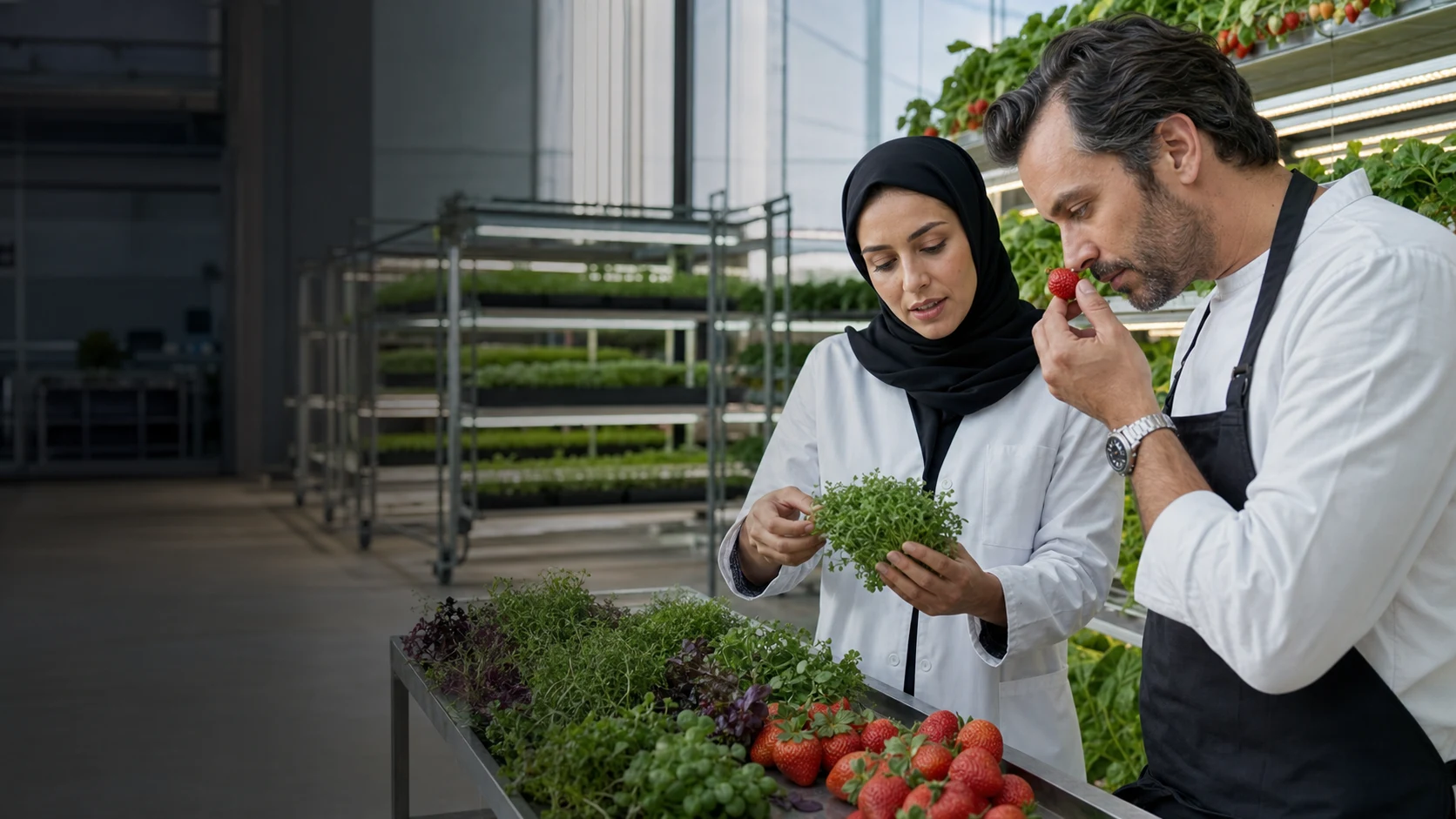 A crop scientist and food specialist assessing strawberries, herbs, and microgreens
