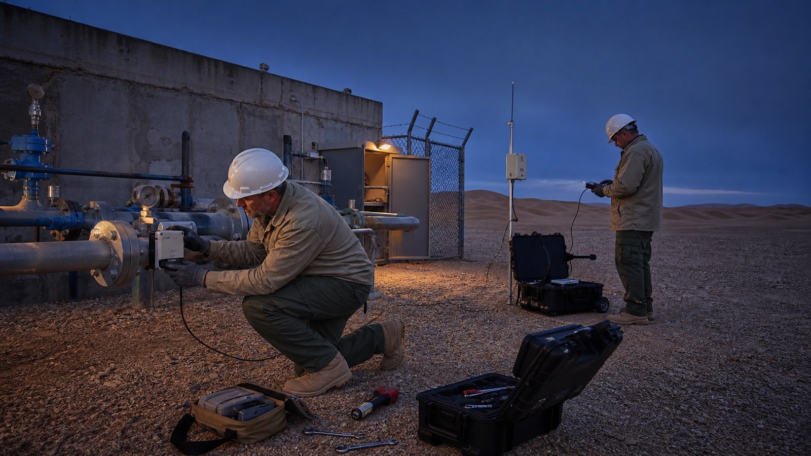 Field engineers validating distributed sensing equipment at desert infrastructure