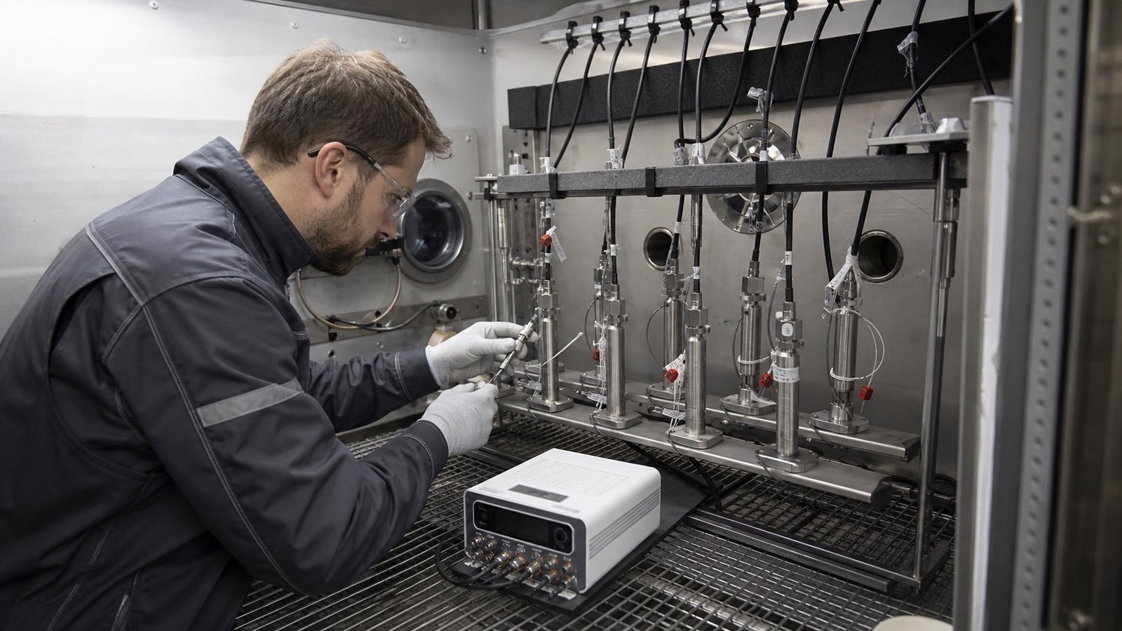 Metrology engineer calibrating a traceable sensor array inside a climate chamber