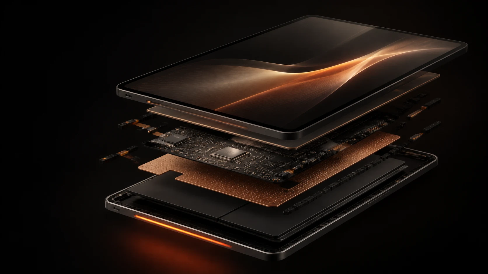 Exploded industrial-design rendering of the proposed Fable Studio slate
