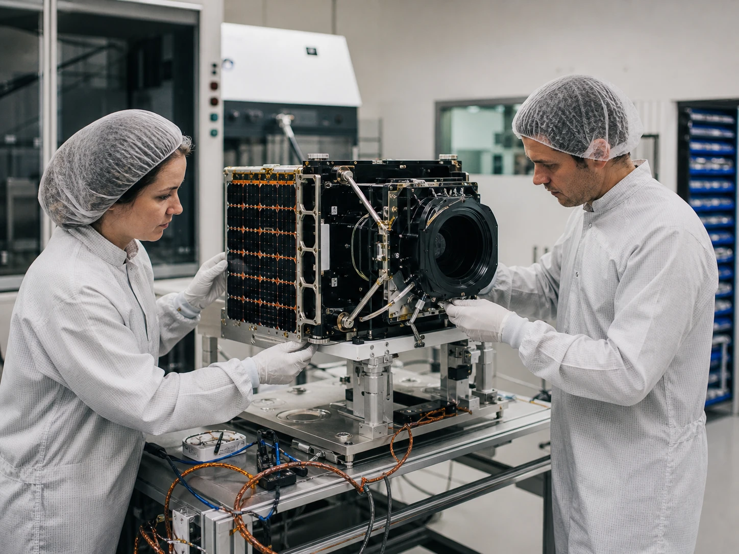 Aerospace engineers integrating a compact Earth-observation satellite in a cleanroom