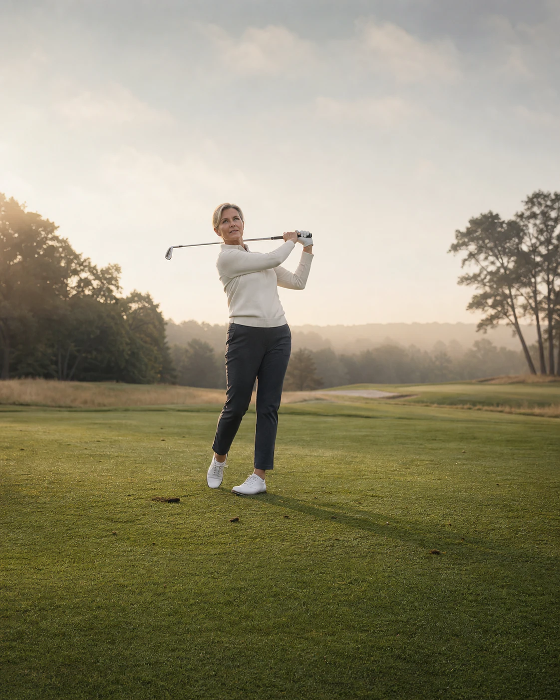 A woman completes a golf swing on a quiet course at first light