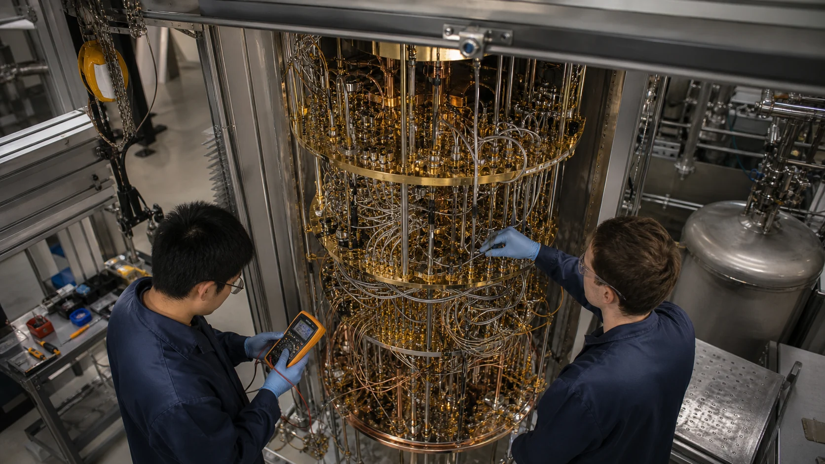 Cryogenic engineers tracing dense microwave wiring inside an open dilution refrigerator during integration testing