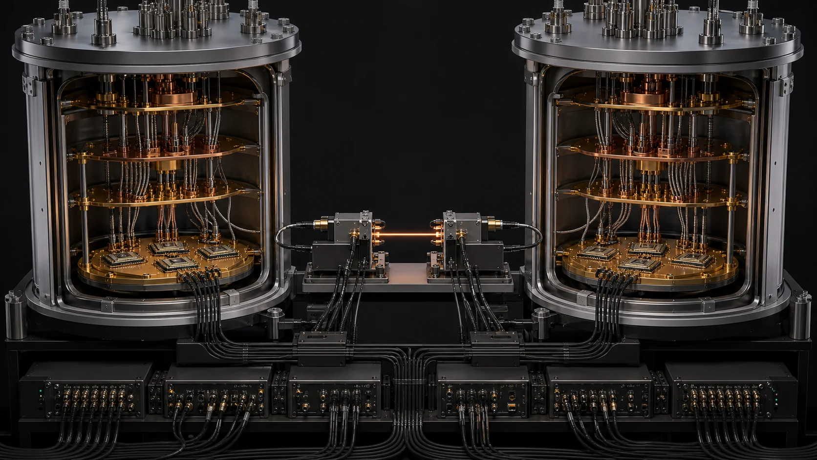 Conceptual cutaway of two superconducting quantum modules connected by a central photonic interconnect and real-time control electronics