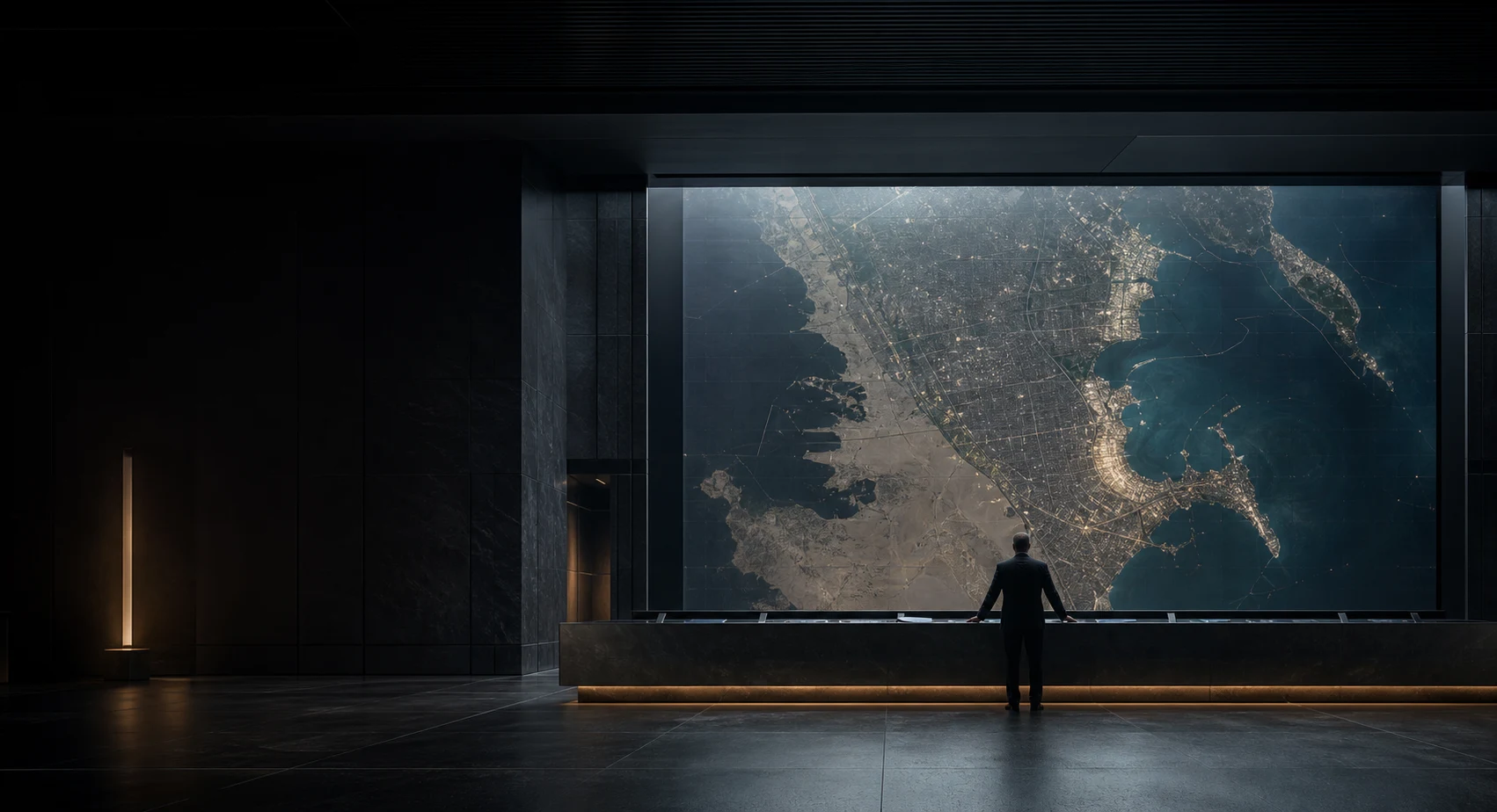 A human operator facing a wall-scale geospatial view in a secure command room
