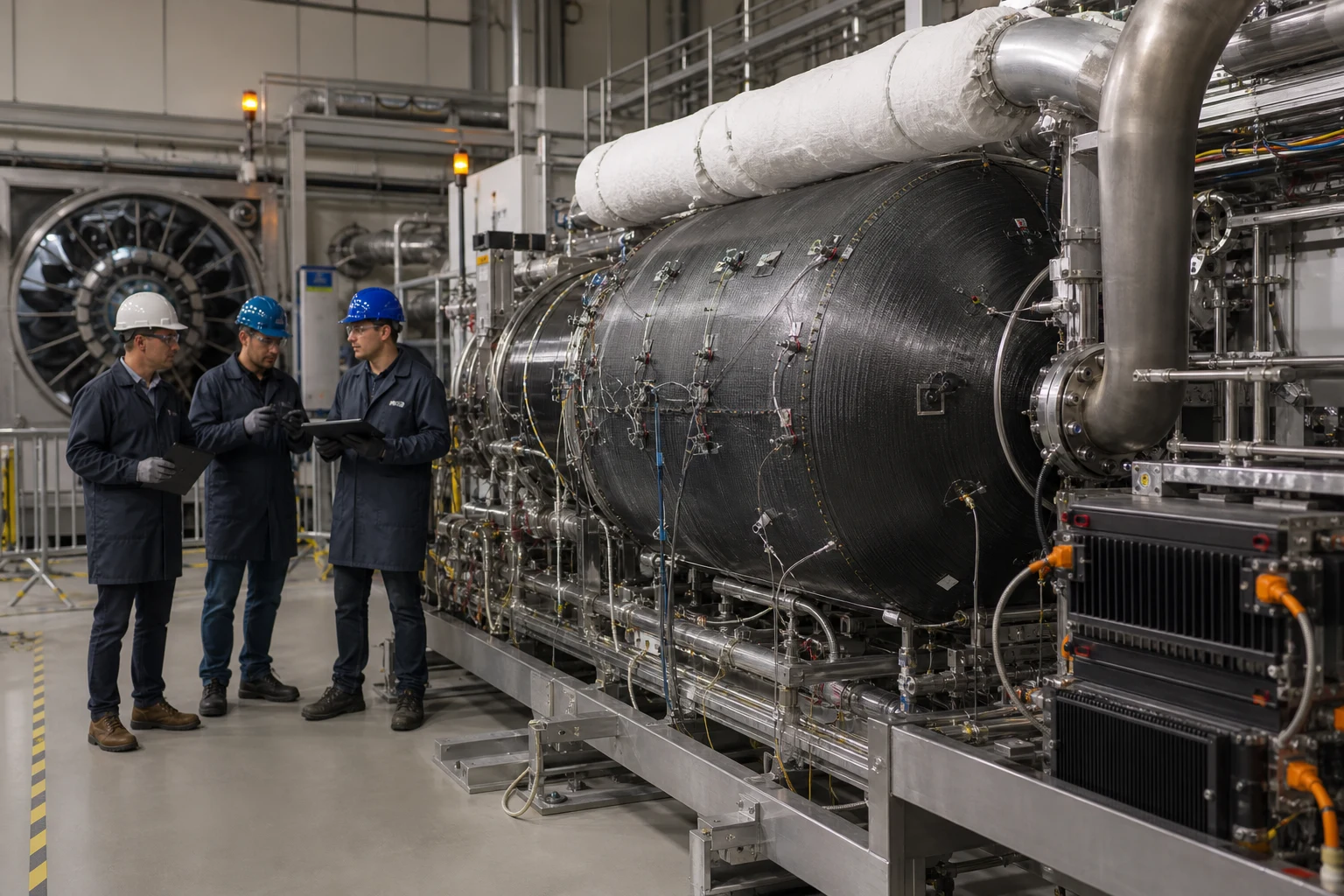 Aerospace engineers inspect an instrumented composite cryogenic systems test rig in a propulsion laboratory