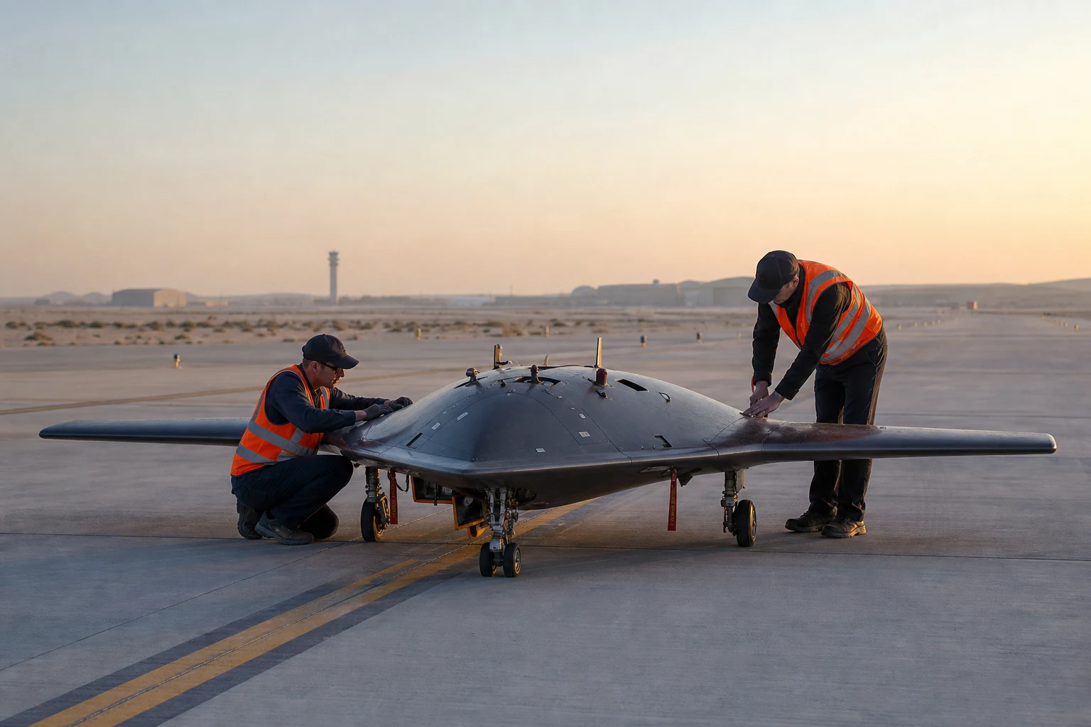 STRATOZ blended wing body flight test demonstrator on a desert airfield