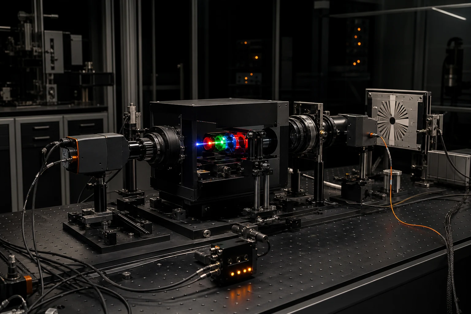 Experimental cinema optical calibration rig on a research bench