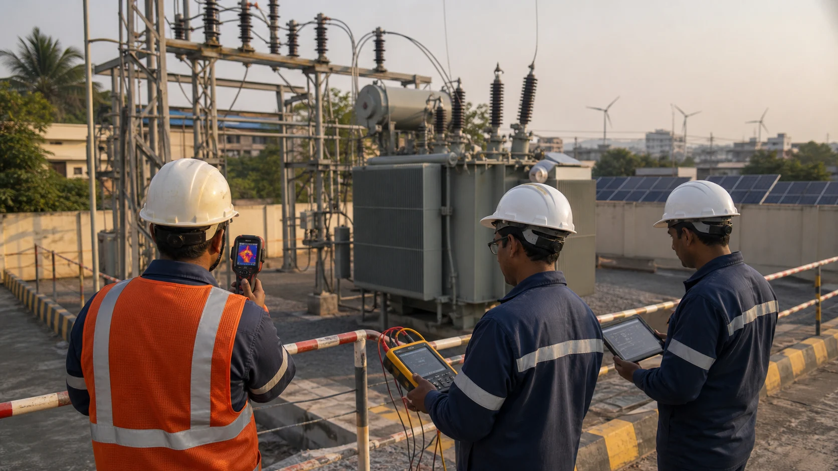 Power-system engineers using thermal and power-quality instruments to inspect a distribution substation from a safe marked position