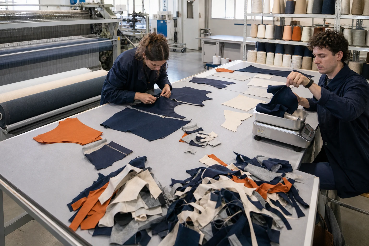 Textile engineers measure garment panels and fabric offcuts during a material yield audit in an apparel prototyping laboratory