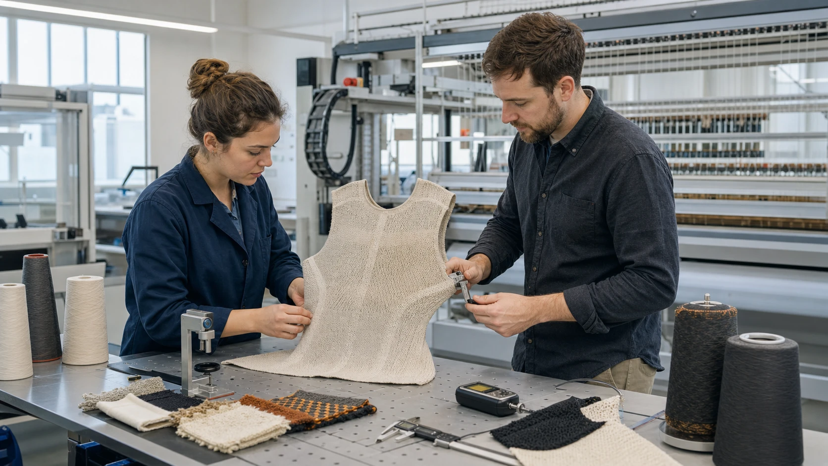 Textile researchers perform dimensional metrology and material testing on a shaped woven garment prototype