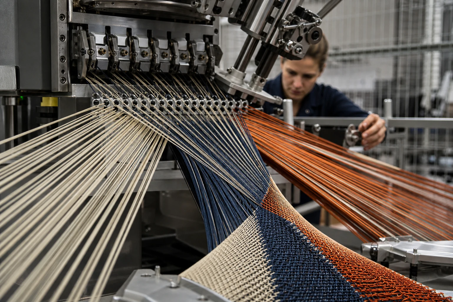 SYNTROPY automated weaving cell guiding yarn into a shaped textile structure