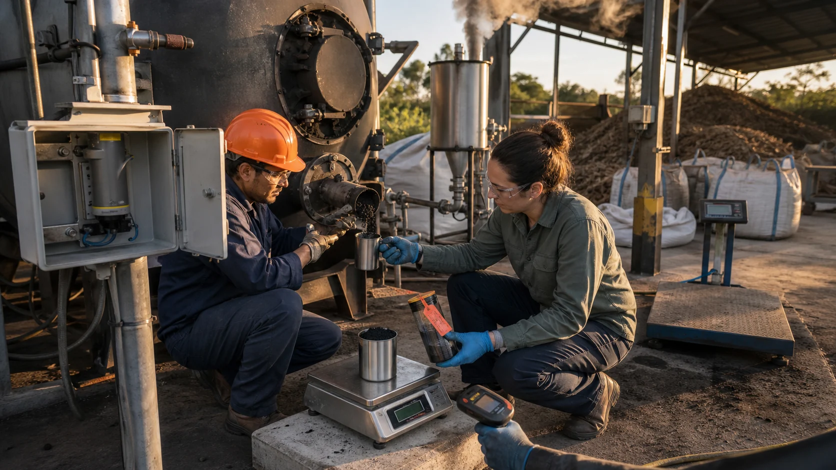 Biochar plant operator and environmental assurance technician collect, weigh, and seal a process sample beside production equipment