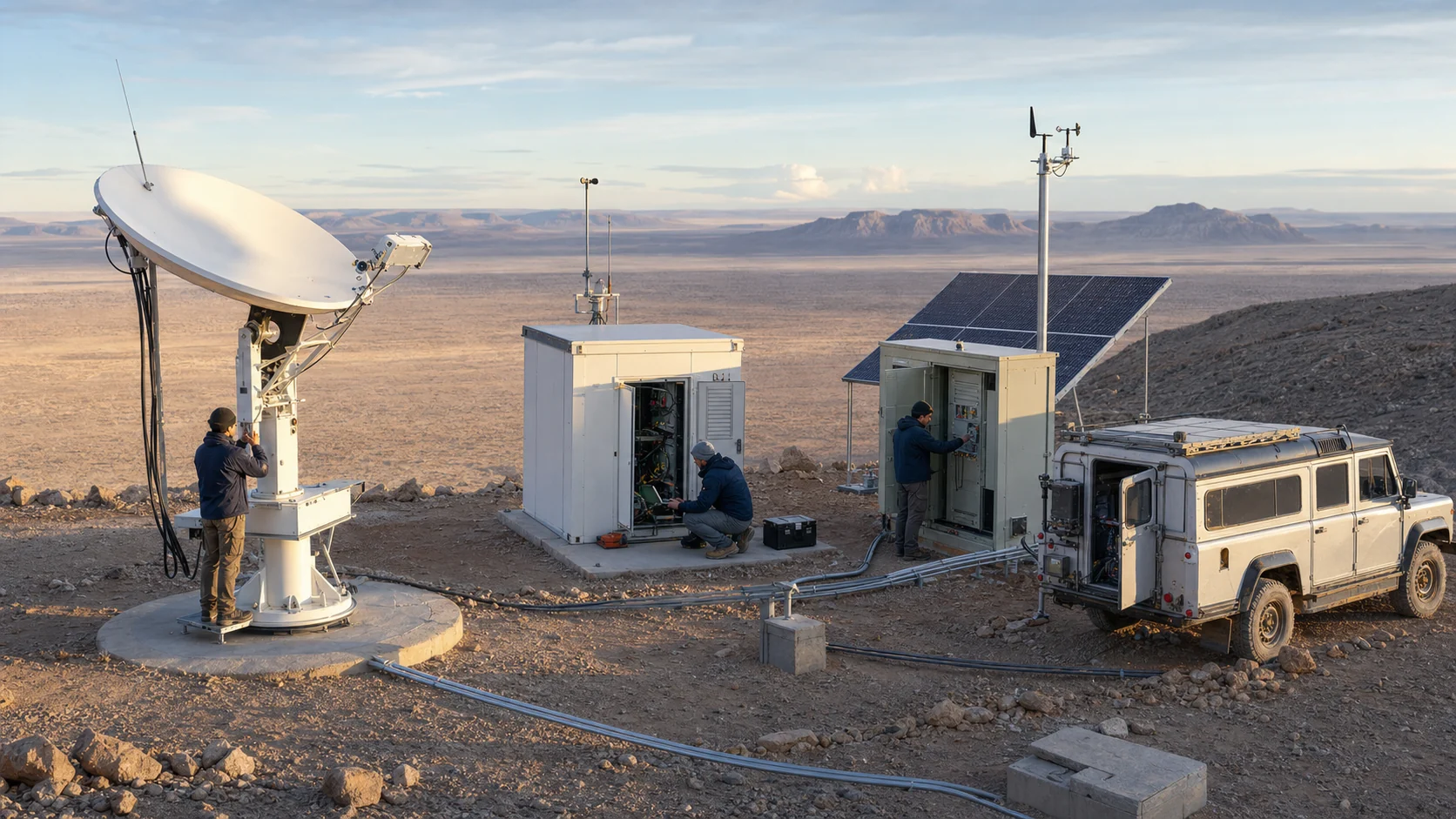 Field engineers commissioning a tracking dish, edge-compute shelter, fibre connection, and independent power system at a remote desert ground station