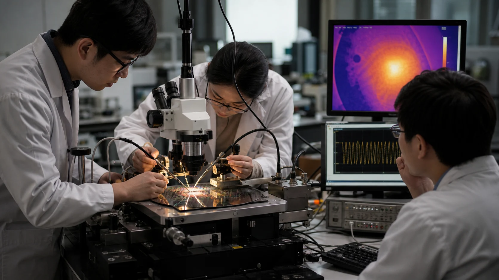 Semiconductor researchers use a wafer probe station to measure electrical behaviour and thermal conditions on a silicon die